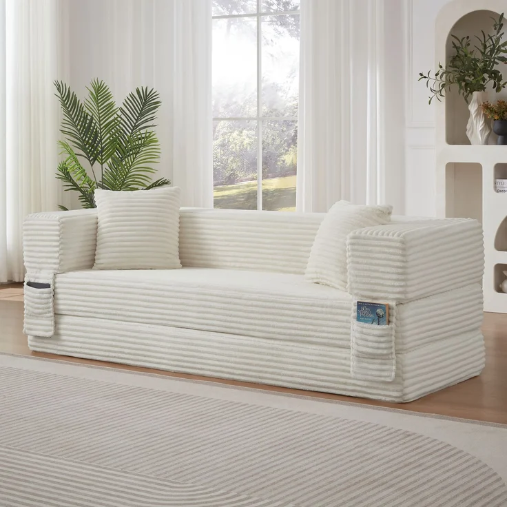Wohnora-Knochenloses Sofa-Kombinati,Moderne Cord-Sofa in modischer Optik, klassisches quadratisches Design,zweischichtiges einzigartiges Design,umwandelfähig in ein Bett, ideal für Apartments und große Räume,H 60cm x T 200cm x B 76cm,Weiß – Bild 2