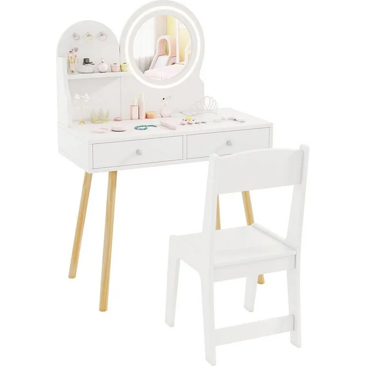 COSTWAY Schminktisch, Kinder Schminktisch mit LED-Beleuchtung, Holz