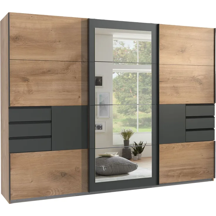 Schwebetürenschrank Kleiderschrank 270 cm Spiegel Schubladen Grafit Eiche Dekor