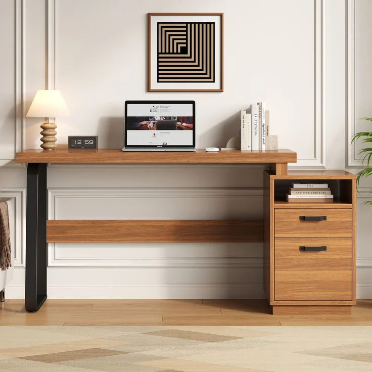 Flieks Schreibtisch 161 x 54 x 76.4 cm mit offenem Ablagefach, geräuscharmer Schublade und Stahlgestell, Walnussfarben – Bild 4