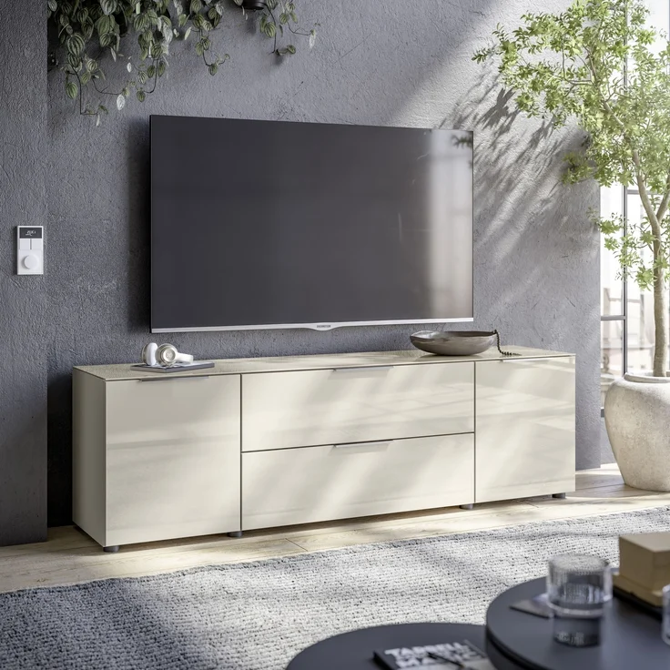 Lowboard >Santorin< Glasfronten, in Kaschmir - 180x55x40cm (BxHxT) – Bild 2