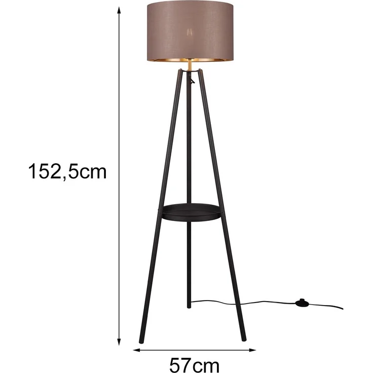 LED Tripod Stehleuchte mit Stoffschirm Taupe/Gold & Ablagetisch, Höhe 152cm – Bild 4