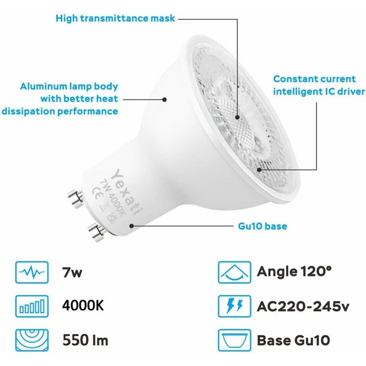 POPOLIC LED-Leuchtmittel Gu10,7 W, Halogenäquivalent 80 W, flimmerfreier Spot, 10 St, 550 Lumen, Kaltweiß 4000 K, nicht dimmbar, AC 220–245 V, Abstrahlwinkel 120°, 10er-Pack – Bild 4