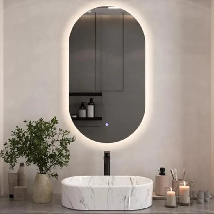 Planetmöbel Badspiegel SP-508 mit LED-Beleuchtung, 50 x 90 cm, oval, Touchschalter, 2 Lichtstufen (4000-4200K), rahmenlos