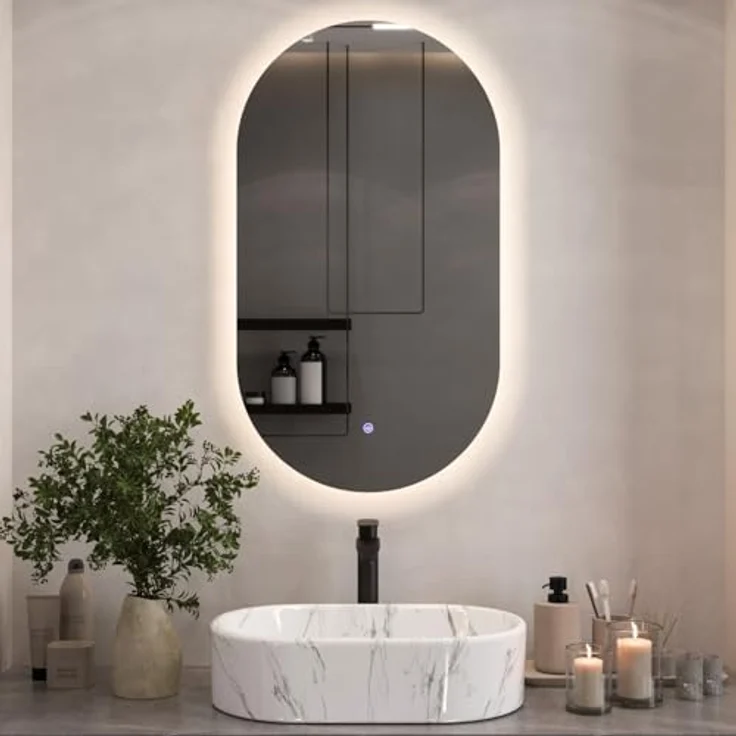 Planetmöbel Badspiegel SP-508 mit LED-Beleuchtung, 50 x 90 cm, oval, Touchschalter, 2 Lichtstufen (4000-4200K), rahmenlos – Bild 1