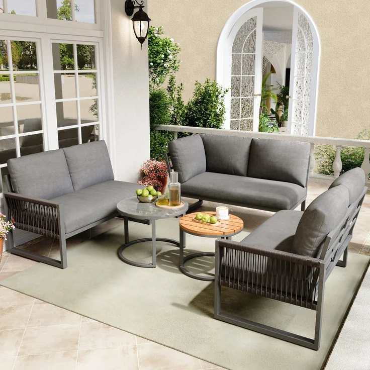 Garten-Lounge-Set, Möbelset für 6-7 Personen, Ecksofa mit verzinktem Eisengestell, verstellbare Beine, inklusive aller Sitz- und Rückenkissen, grau--Herde--69.85x62.23x40.01cm--YOUDENOVA – Bild 2