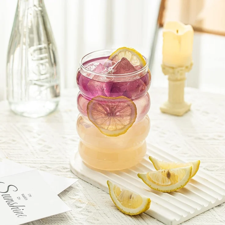 ALINK 350ml Gerippte Trinkgläser Set of 2 Glass Straws Wave Longdrinkgläser – Bild 8