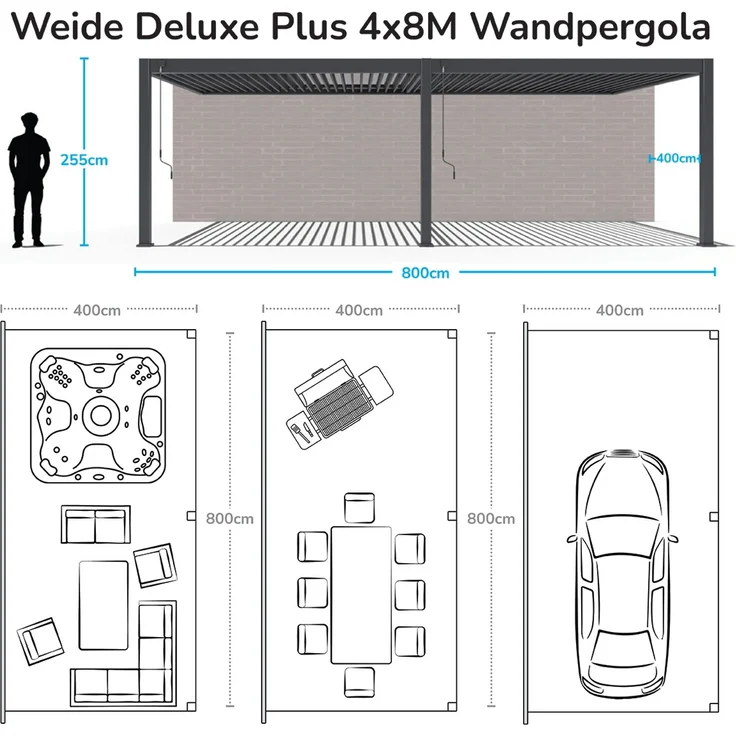 Weide Deluxe Plus Wand-Pergola Voll-Aluminium 4x8m mit Lamellendach weiß – Bild 6