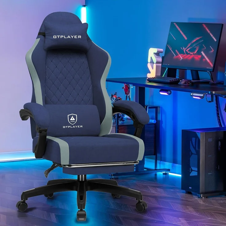 GTPLAYER Gaming Stuhl Ergonomischer, PC Stuhl Atmungsaktiver Stoff, Groß und Hoch Drehbarer Schreibtischstuhl mit Fußstütze,Verstellbare Lendenwirbelstütze und Kopfstütze,Blau – Bild 2