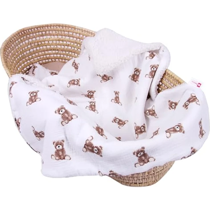 BabyLux Kinderbettdecke Musselin & Teddy Kuscheldecke 100x75 cm – Zweiseitig für Kinderwagen, TD6 - Bärchen – Bild 6
