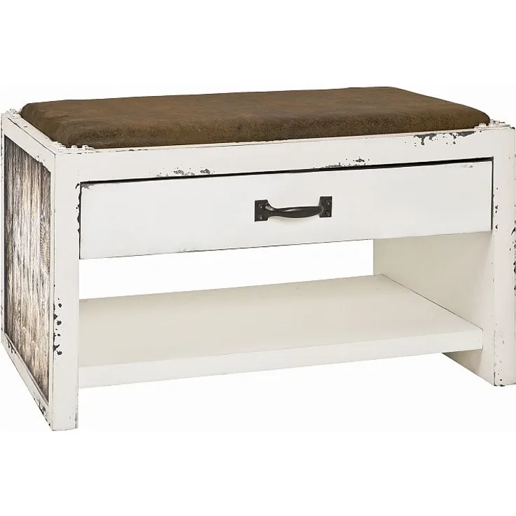 Bank Sitzbank Vintageoptik weiß gewischt Sitzfläche gepolstert Kunstleder vintage braun