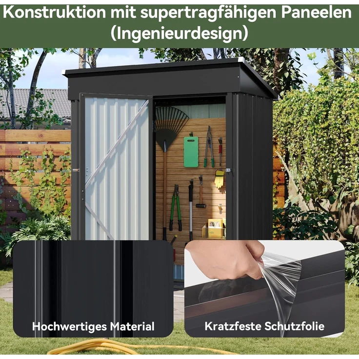 Aoxun Gerätehaus aus Metall, Maße 150x91x185cm, inklusive Bodenrahmen, Pultdach mit Belüftungslöchern, Tür mit Schloss, für Garten und Hof, Schwarz – Bild 6