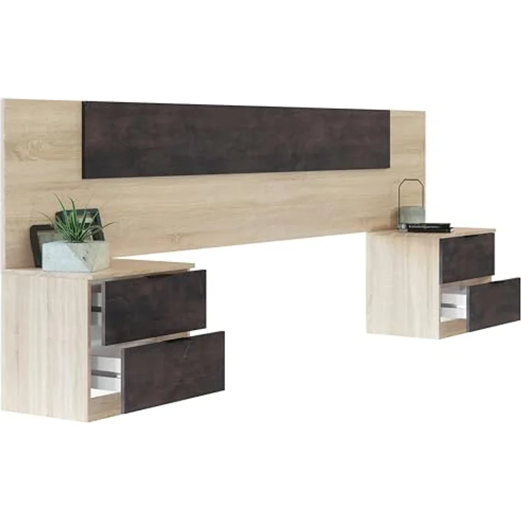 Habitdesign, modernes Kopfteil mit 2 Nachttischen und 4 Schubladen – Schlafzimmer-Set in Kanadischer Eiche & Rostoptik, viel Stauraum, Maße: 247 x 95 x 38 cm (B x H x T), Modell Alaya – Bild 2