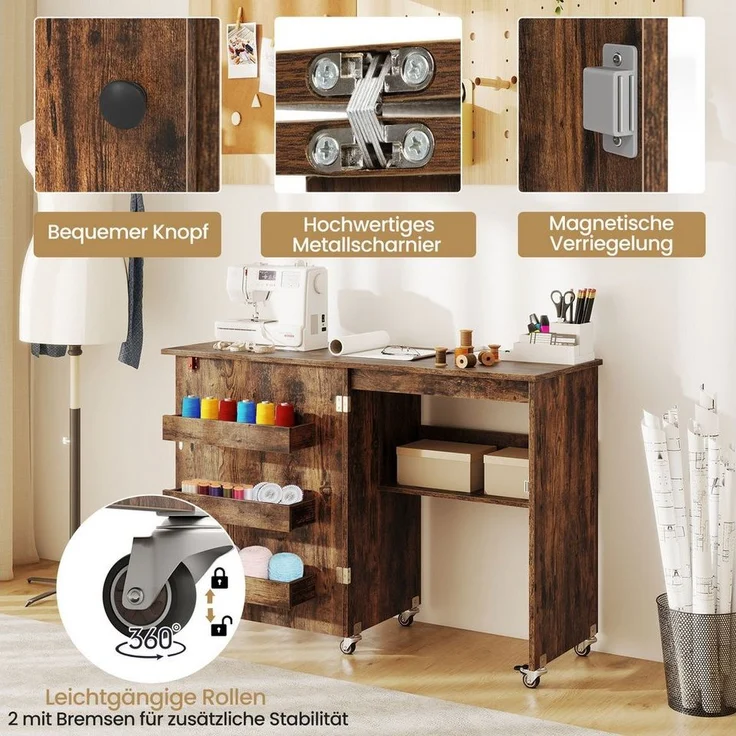 COSTWAY Schreibtisch, Nähtisch klappbar, Nähschrank mit Rollen, Holz – Bild 3