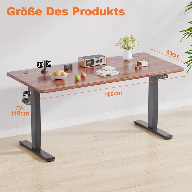 Elektrisch höhenverstellbarer Schreibtisch, Memory-Funktion, USB-Anschluss, Kabelmanagement, Holzwerkstoff / Metall, Walnuss, 160 x 80 cm, Höhe 72-118 cm – Bild 5