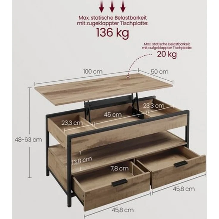 Vasagle Couchtisch, höhenverstellbarer Wohnzimmertisch, Kaffeetisch, mit Schubladen, offenes Fach,50x100 x (48-63)cm， kamelbraun-schwarz – Bild 2