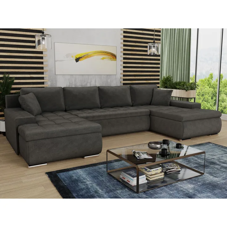 Wohnlandschaft mit Schlaffunktion Faris U-Form - Couch, Schlafsofa mit Bettkasten, Couchgranitur mit Bettfunktion, Big Sofa, Bettsofa (Dunkelgrau (Kronos 22))