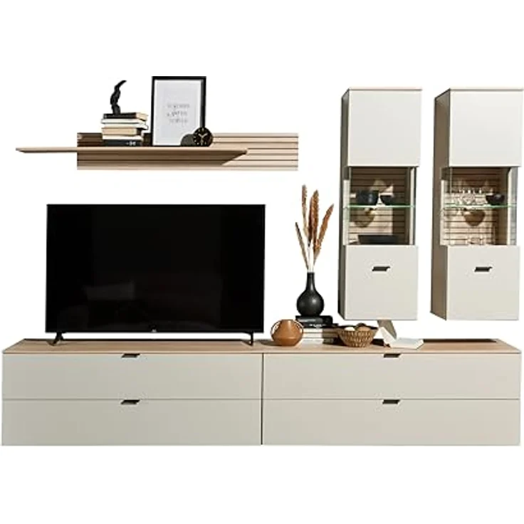 Stella Trading INA Wohnwand Komplett-Set in Kaschmir, Riva Eiche Optik FSC-Zertifiziert - Moderne Schrankwand 5-teilig mit LED-Beleuchtung für Ihr Wohnzimmer - 280 x 185 x 44 cm (B/H/T) – Bild 2