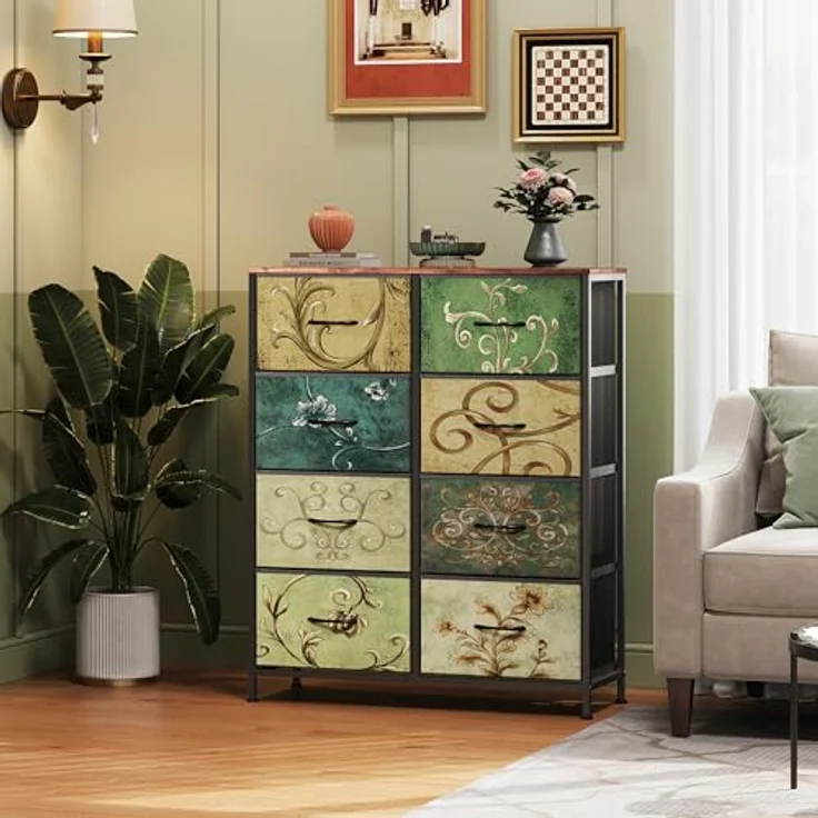 WLIVE Kommode mit Schubladen aus Stoff, Kommodenschrank für Schlafzimmer, Kommode Wohnzimmer, mit Stabiler Stahlrahmen (8 Schubladen, Vintage-Druck) – Bild 5
