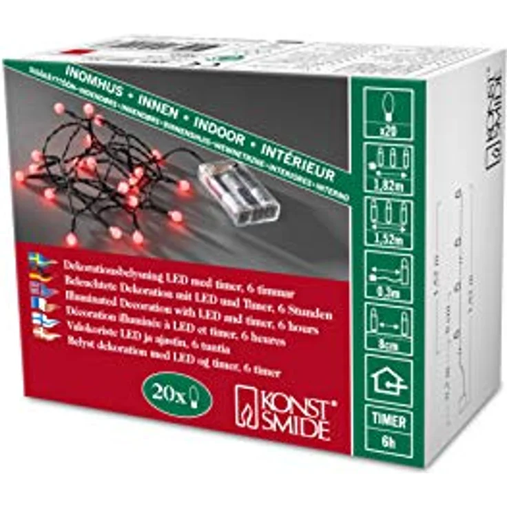 Konstsmide LED Globelichterkette, runde Dioden, 6h Timer, 20 rote Dioden, batteriebetrieben, Innen, schwarzes Kabel, 3 x AA 1.5V (exkl.) - 1491-557, Rot – Bild 1