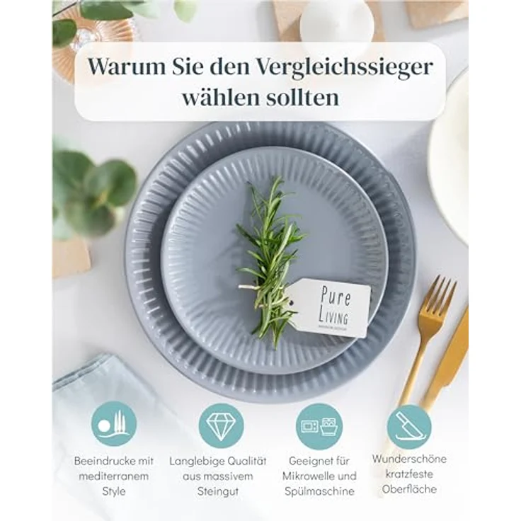 Steingut Geschirrset 6 Personen Hygge 24 tlg. TESTSIEGER, Traumhaftes Skandinavisches Steingut Geschirr Set, Schüssel- und Teller Set, Tafelservice 6 Personen, Geschirrsets Pure Living in Graublau – Bild 3