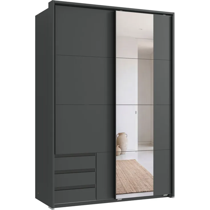 Schwebetürenschrank Kleiderschrank 138cm Grafit Schubladen Spiegel Passepartout