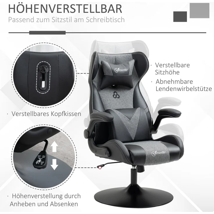MELAYR, Gaming-Stuhl, höhenverstellbar & drehbar, Kunstleder-Bezug, klappbare Armlehnen, Schwarz+Grau, 73 x 69 x 118 cm – Bild 6