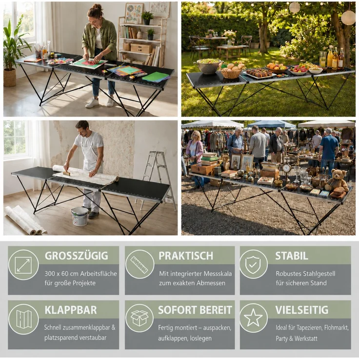 Tapeziertisch Alu Flohmarkttisch 300x60 cm Klapptisch klappbar mit Messskala – Bild 7
