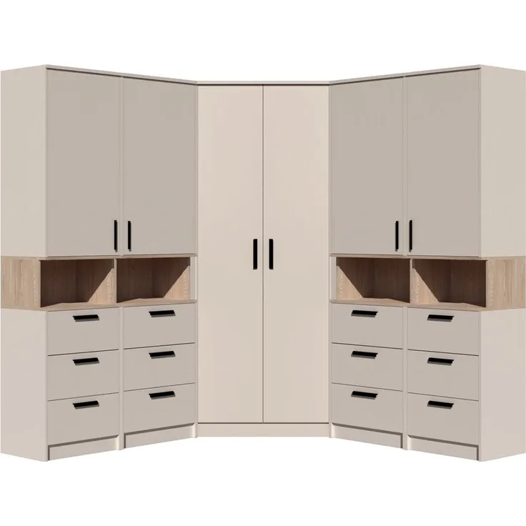 Marmex Möbel Grant Set-41C Mehrzweckschrank-Set, geräumiges Garderobenset mit Regalen und Kleiderstangen, Schlafzimmer-Set, laminierte Spanplatte, graubeige cashmere+cremona torro 195/195x195x40 cm