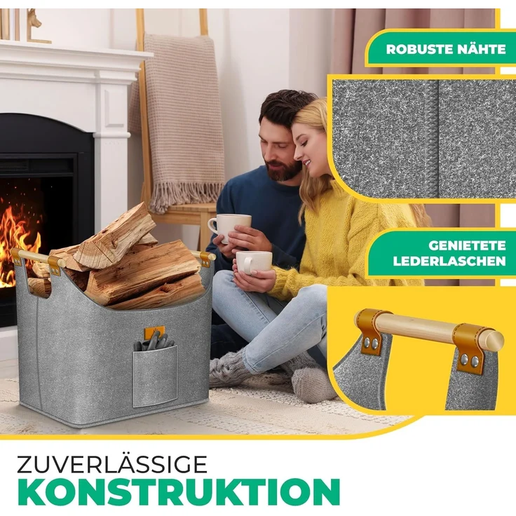 KESSER® Brennholzkorb | Kaminholztasche extra dicker Filz | Feuerholzkorb faltbar mit verstärkten Holzgriffen | Aufbewahrungskorb für Holz, Zeitung oder Brennholz | Inkl. Arbeitshandschuhen Grau, 60 Liter – Bild 4