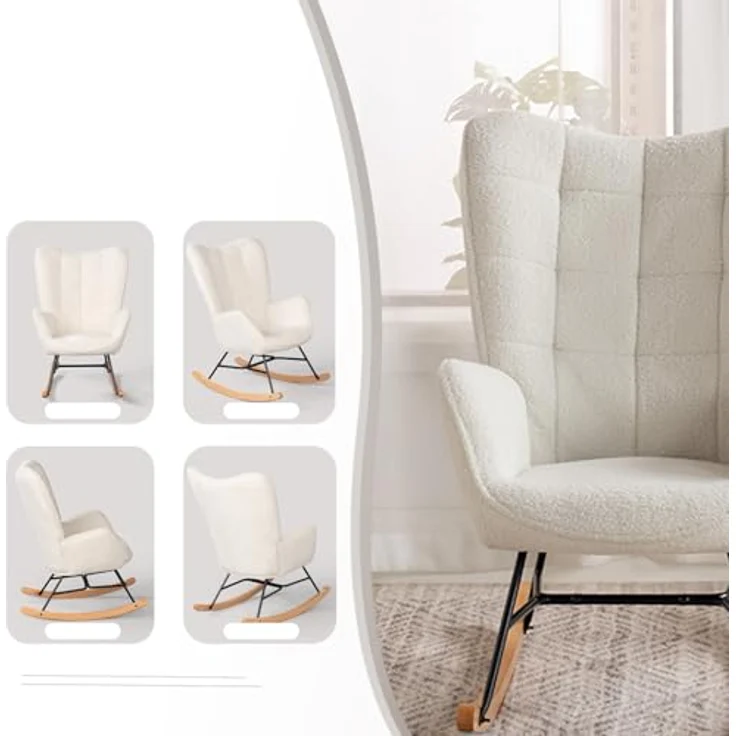 MEUBLE COSY Schaukelstuhl Sessel Schaukelsessel Stillstuhl Schwingstuhl mit Armlehnen Gepolsterter Sitzfläche für Wohnzimmer Schlafzimmer, Balkon, Sherpa und Holzkufen, Bis 120 kg Belastbar, Beige – Bild 6