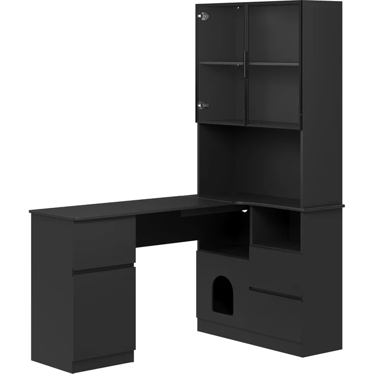 Flieks Eckschreibtisch mit LED-Vitrine & Regal 120×80×180 cm, Computertisch mit 3 Schubladen, 2 Türen, Haustierfach, Rechte Ecke, Schwarz – Bild 9