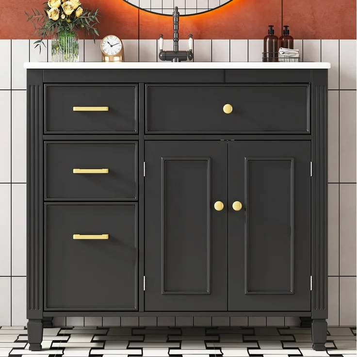Freistehender Waschtisch 91x46,5x87 cm mit Keramikbecken und Schubladen – Schwarz – Bild 2