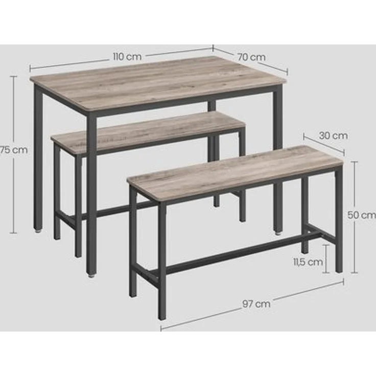 Vasagle Esstisch, Küchentisch-Set, 110 x 70 x 75 cm, mit 2 Bänken je 97 x 30 x 50 cm, Metallgestell, für Küche, Wohnzimmer, Esszimmer, Industrie-Design, von Songmics KDT070 – Bild 2