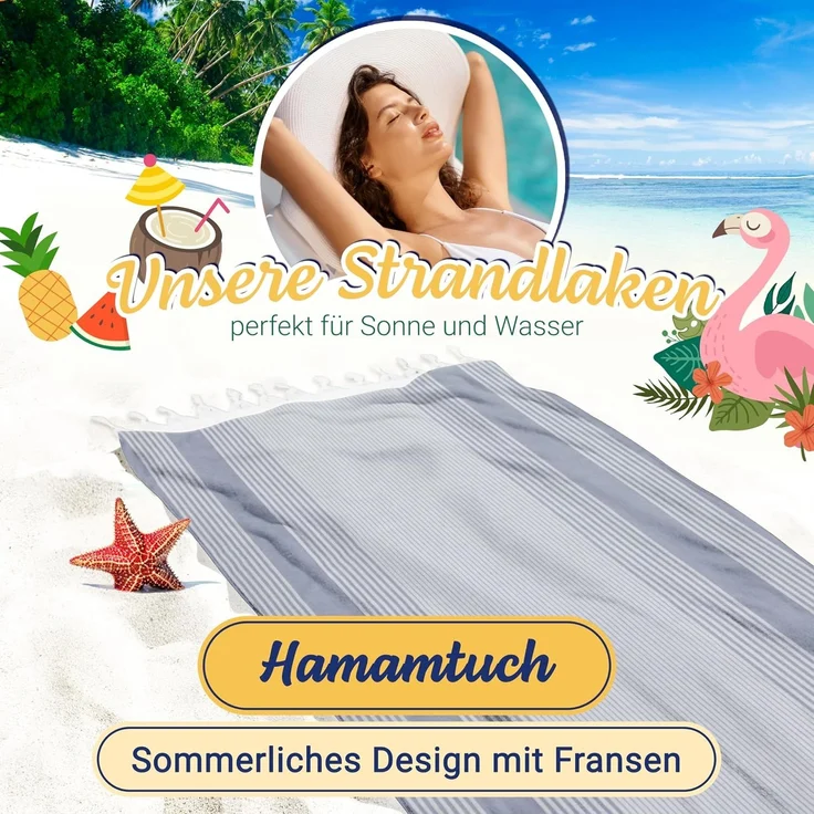 ZOLLNER Hamamtuch mit Fransen, Baumwolle, 90x170 cm, blau-weiß-gestreift – Bild 3