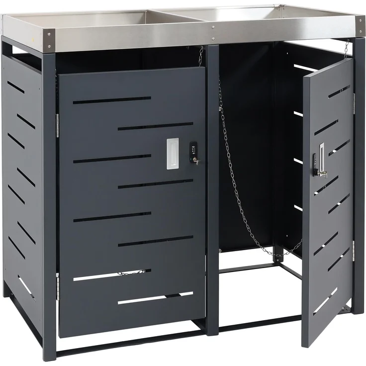 2er-Mülltonnenverkleidung HWC-H40b, Mülltonnenbox, Pflanzkasten Edelstahl-Metall-Kombi 39kg 110x115x62cm erweiterbar – Bild 9