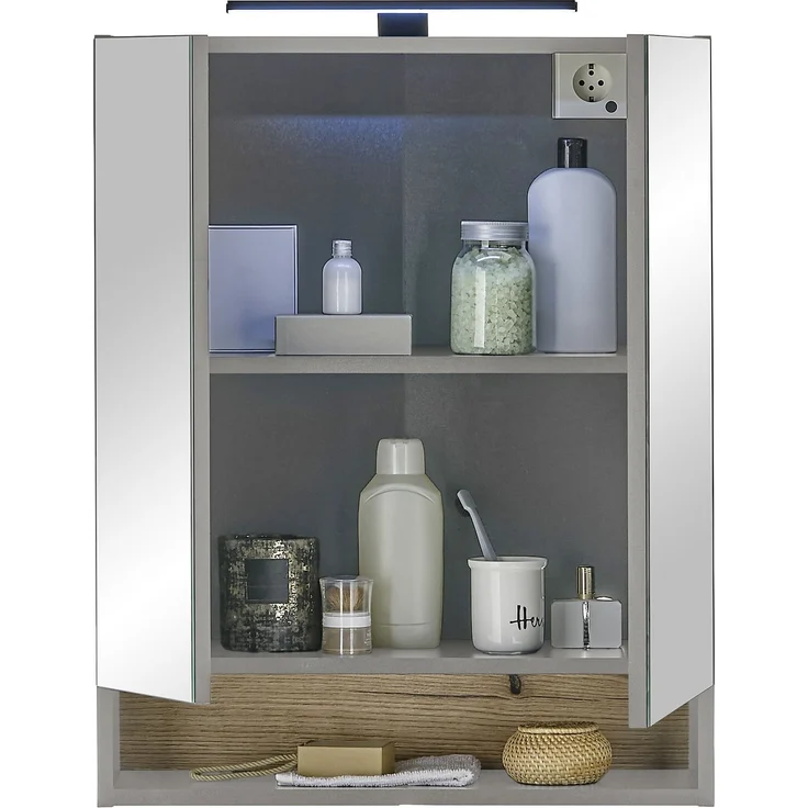 Badezimmerspiegelschrank >Denver< LED, Steckdose, grau matt / evoke eiche Dekor - 60x75x22 (BxHxT) – Bild 4