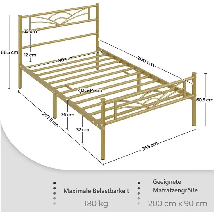 Yaheetech Metallbett mit Lattenrost, Wolkenmuster, Antikgold, 90x200 cm – Bild 4