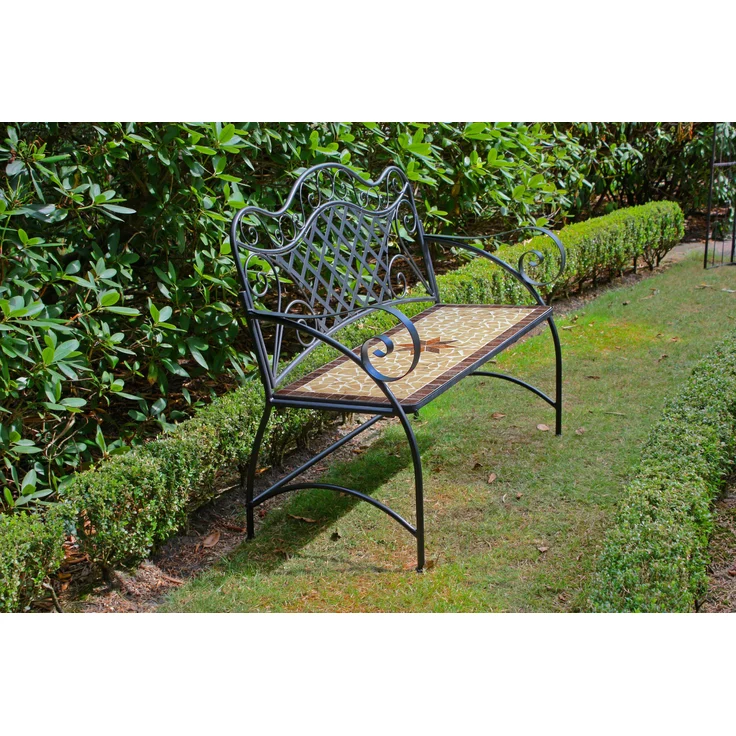Gartenbank RANIA mit Mosaik - 115cm Breit, Eisen, Braun | Terrassenbank Wetterfest Sitzbank Outdoor Bank – Bild 2