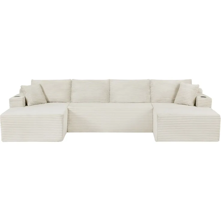 Vollständig komprimierbares, U-förmiges Modulsofa, Kombinationssofa aus breitem Cord mit Federkern-Sitzkissen, Getränkehaltern und seitlichen Stautaschen, keine Montage erforderlich, maximale Belastbarkeit 544 kg (1200 lbs) für das Wohnzimmer--Cremefar...