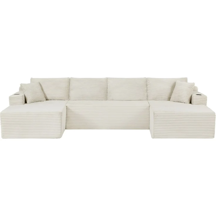 Vollständig komprimierbares, U-förmiges Modulsofa, Kombinationssofa aus breitem Cord mit Federkern-Sitzkissen, Getränkehaltern und seitlichen Stautaschen, keine Montage erforderlich, maximale Belastbarkeit 544 kg (1200 lbs) für das Wohnzimmer--Cremefar... – Bild 1