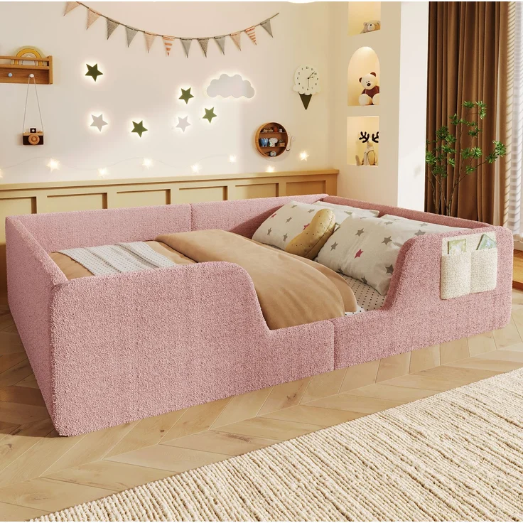 CHICFURN Polsterbett aus Samt in Rosa 140x190 cm mit abnehmbaren Sicherheitsgittern und Stofftasche – Bild 2