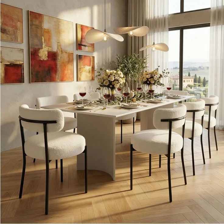 Puluomis Esszimmerstuhl (2/ 4/6er Set Bouclé mit Rückenlehnen, Polsterstühle Küchenstühle mit Metallbeinen, für Esszimmer Küche Wohnzimmer Schlafzimmer, Modern Retro Design, 8 St), Weiß, Schwarz – Bild 2
