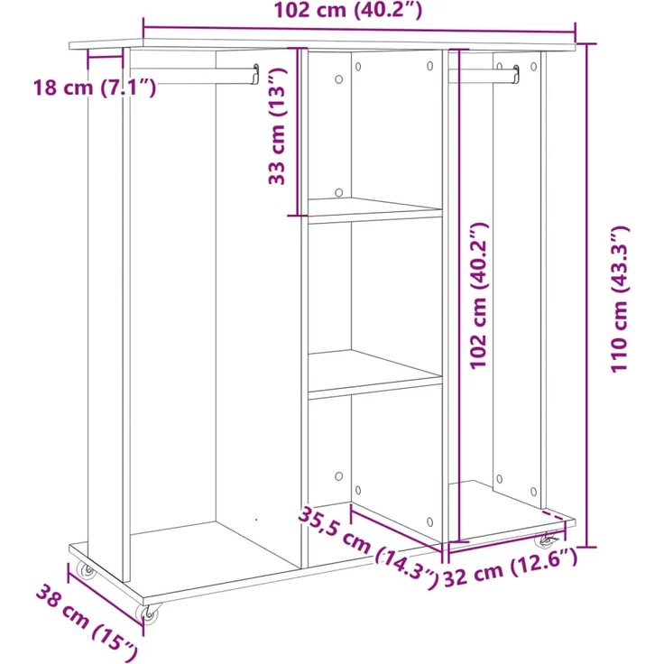 vidaXL Kleiderständer mit Rollen Schwarz 102x38x110 cm Holzwerkstoff 848032 – Bild 9