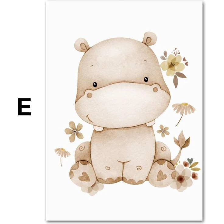 Poster Kinder süße Tiere im Boho Stil Nilpferd Elefant Löwe Regenbogen Sonne und Mond als Deko Print ohne Rahmen - E / 70x100cm