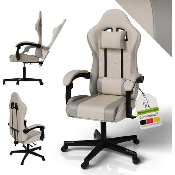 Juskys Gamingstuhl HyperSeat, verstellbare Rückenlehne, höhenverstellbarer Drehstuhl, Kunstleder, ergonomisch, für Büro & Gaming Setup – Beige/hellgrau – Bild 2