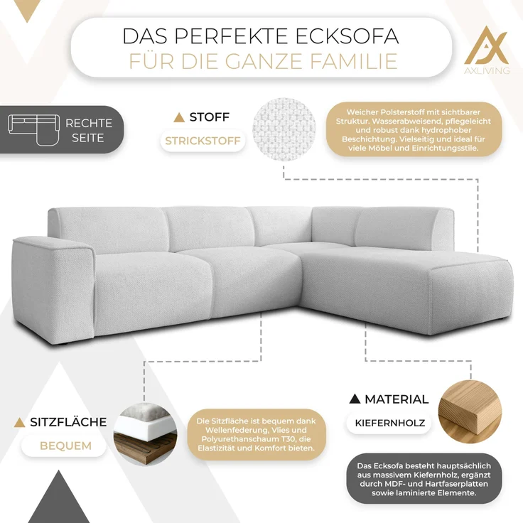 AX LIVING Couch Sofa L Form Didim L Perlweiß 292 stilvoll & bequem R – Bild 5