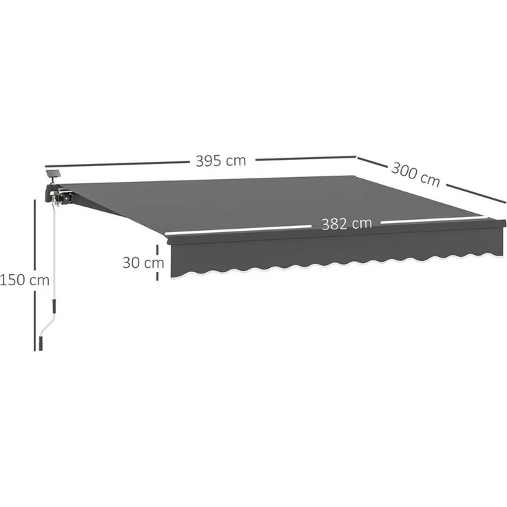 Outsunny Markise mit Handkurbel Solar-Lichte,Wandhalterung, UV 50+ (Klemmmarkise, 1-St, Gelenkarmmarkise) 400 cm breit für Terrasse Balkon Veranda, Grau – Bild 2