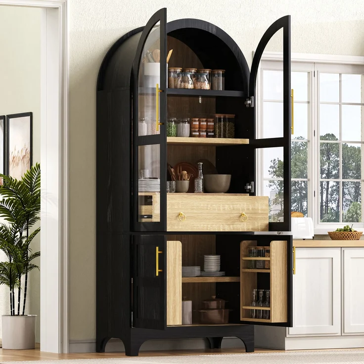 EINHOM Highboard mit verstellbaren Regalböden und Schublade, Küchenschrank mit Riffelglas und großem Stauraum, Ideal für Esszimmer, Wohnzimmer und Küche (Schwarz) – Bild 3