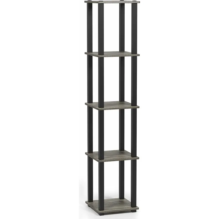 Furinno Regal mit 4 Fächern, holz, Französische Eiche Grau/Schwarz, 29.46 x 29.46 x 146.56 cm